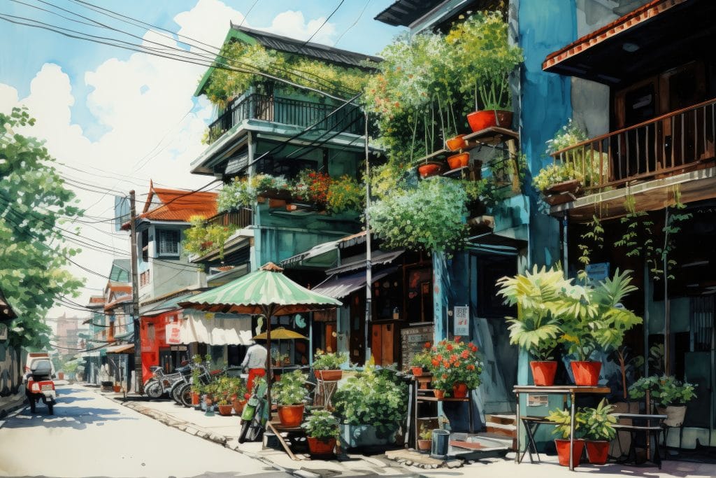 painting of vietnam street architecture picjumbo com
